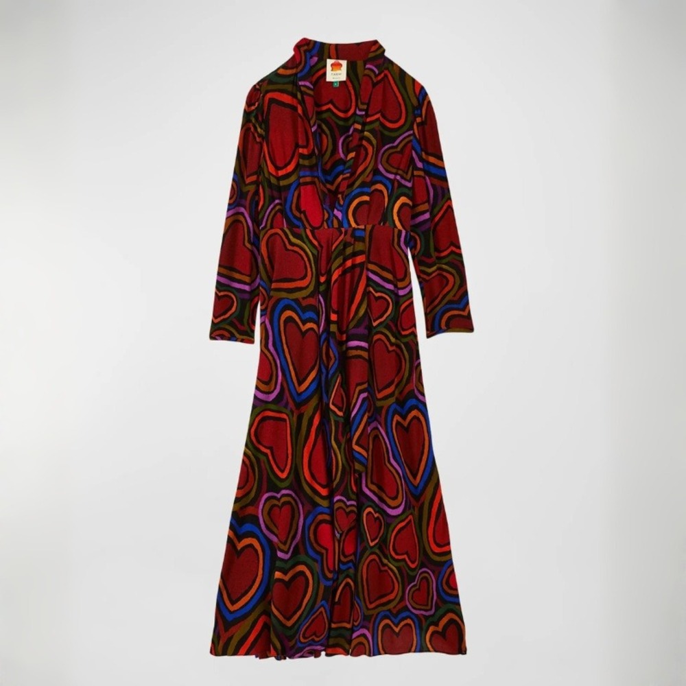 Farm Rio Rainbow Wild Hearts Maxi Dress‎ Heart Print V-Neck Long Sleeve Size XS - Picture 2 of 10
